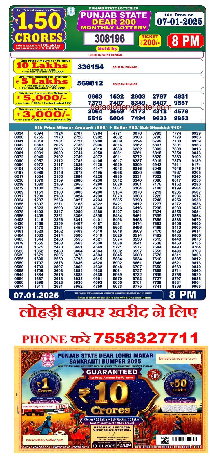 Punjab State Dear 200 Monthly Lottery Result Draw Date 7-1-25 8PM lottery result